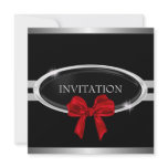 Elegant Silver Black & White Stars Red Bow invitations