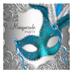 Elegant Silver Teal Blue Masquerade Party Invite