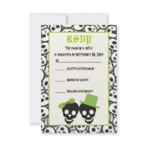 Elegant skulls Halloween green wedding RSVP card