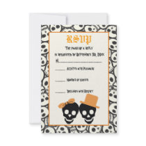 Elegant skulls Halloween orange wedding RSVP card