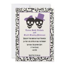 Elegant skulls Halloween purple wedding invitation