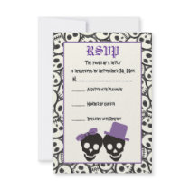 Elegant skulls Halloween purple wedding RSVP card Personalized Announcement