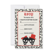 Elegant skulls Halloween red black wedding RSVP