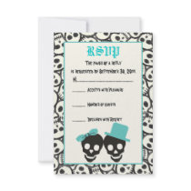 Elegant skulls Halloween turquoise wedding RSVP