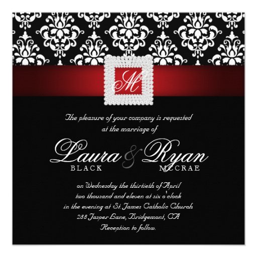 Elegant Wedding Damask Jewels Red Black White Sq Personalized Invitation