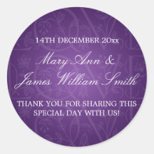 Elegant Wedding Favour Tag Love Flourish Purple Round Stickers