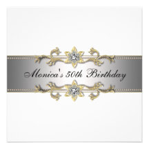 Elegant White Gold 50th Birthday Invitation Fifty