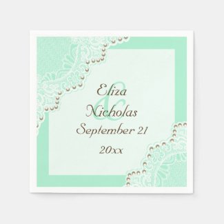 Elegant white lace with pearls mint green wedding disposable napkin