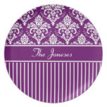 Elegant White on Purple Damask Dinner Plates