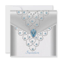 Elegant White Silver Overlay Blue Jewel Personalised Invitation