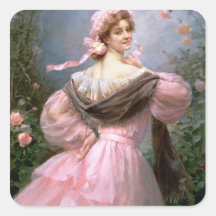Elegant woman in a rose garden square stickers