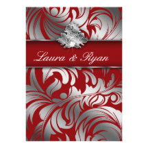 Elegant Xmas Wedding Diamond Leaf Swirl Silver Red Invitation