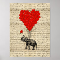 Elephant holding heart shaped balloons print