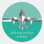 Emerald Green Metal Style Silver Fleur de Lis Round Stickers