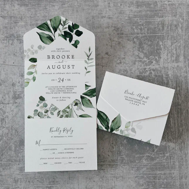 Emerald Greenery Wedding All In One Invitation Zazzle