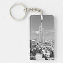Empire State Building NYC Skyline Puffy Clouds BW Rectangular Acrylic Key Chain