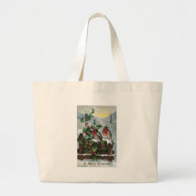 English Robins on a Fence Antique Christmas Canvas Bags