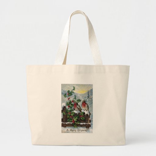 English Robins on a Fence Antique Christmas Canvas Bags