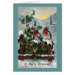 English Robins on a Fence Antique Christmas Greeting Card