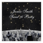 Etched NYC Skyline 2 Black Gold Star Sweet 16 Personalized Invitation