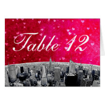 Etched NYC Skyline #2 Pink Red Heart Table Number Greeting Cards