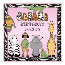 Ethinc Girl & Safari Animals Birthday Party Personalized Invitations