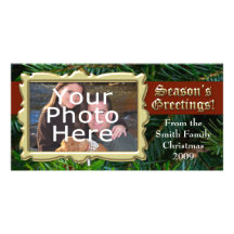 Evergreen Tree with Gold Frame, Season's Greetings Customised Photo Card