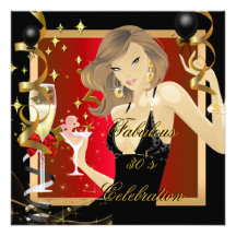 Fabulous 30 Red Gold Black Birthday Party Personalised Invitation