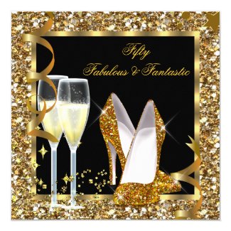 Fabulous 50 Fantastic Black Gold Birthday Party 13 Cm X 13 Cm Square Invitation Card