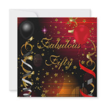 Fabulous 50 Fifty Birthday Party Black Red Stars 2 Invites