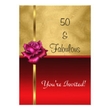 Fabulous 50th Birthday Gold Red Flower Custom Announcement