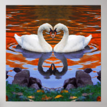 Fall Autumn Lake Reflections of Swans in Love Print