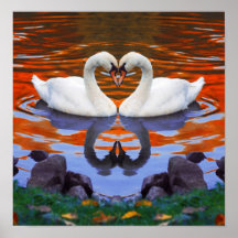 Fall Autumn Lake Reflections of Swans in Love Print