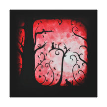 Fall Red Swirled Tree with Cats Canvas Print