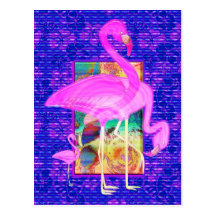Family of Pink Flamingos Shells and Hibiscus Art Post Card