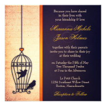 Fanciful Bird Cage with Gold Ribbon Square Wedding Announcements
