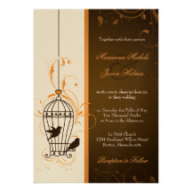 Fanciful Swirls Birdcage Orange & Brown Wedding Personalised Announcement