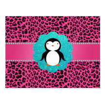 Fancy penguin pink leopard pattern postcard