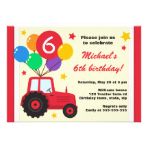 Farm tractor with balloons kids birthday party personalized invitations