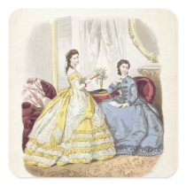 Fashion plate showing ballgowns square sticker