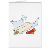 fast food burrito with hot sauce greeting cards