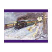 Father Time & Train Vintage New Year Postcard