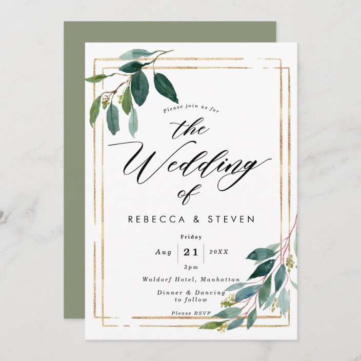 Faux Gold Geometric Greenery Wedding Invitation Zazzle Co Uk