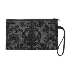 faux lace black grey damask pattern wristlet purse