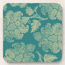 faux lace teal and cream floral damask pattern drink coaster