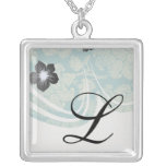 faux lace teal and cream floral damask pattern personalised necklace