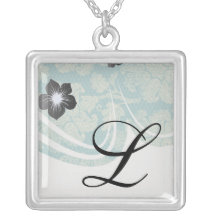 faux lace teal and cream floral damask pattern personalised necklace