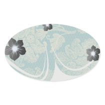 faux lace teal and cream floral damask pattern oval stickers
