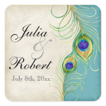 Favour Gift Sticker - Peacock Feathers Wedding Sea