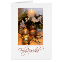 Feliz Navidad, Spanish white with gold bulbs and c Greeting Card